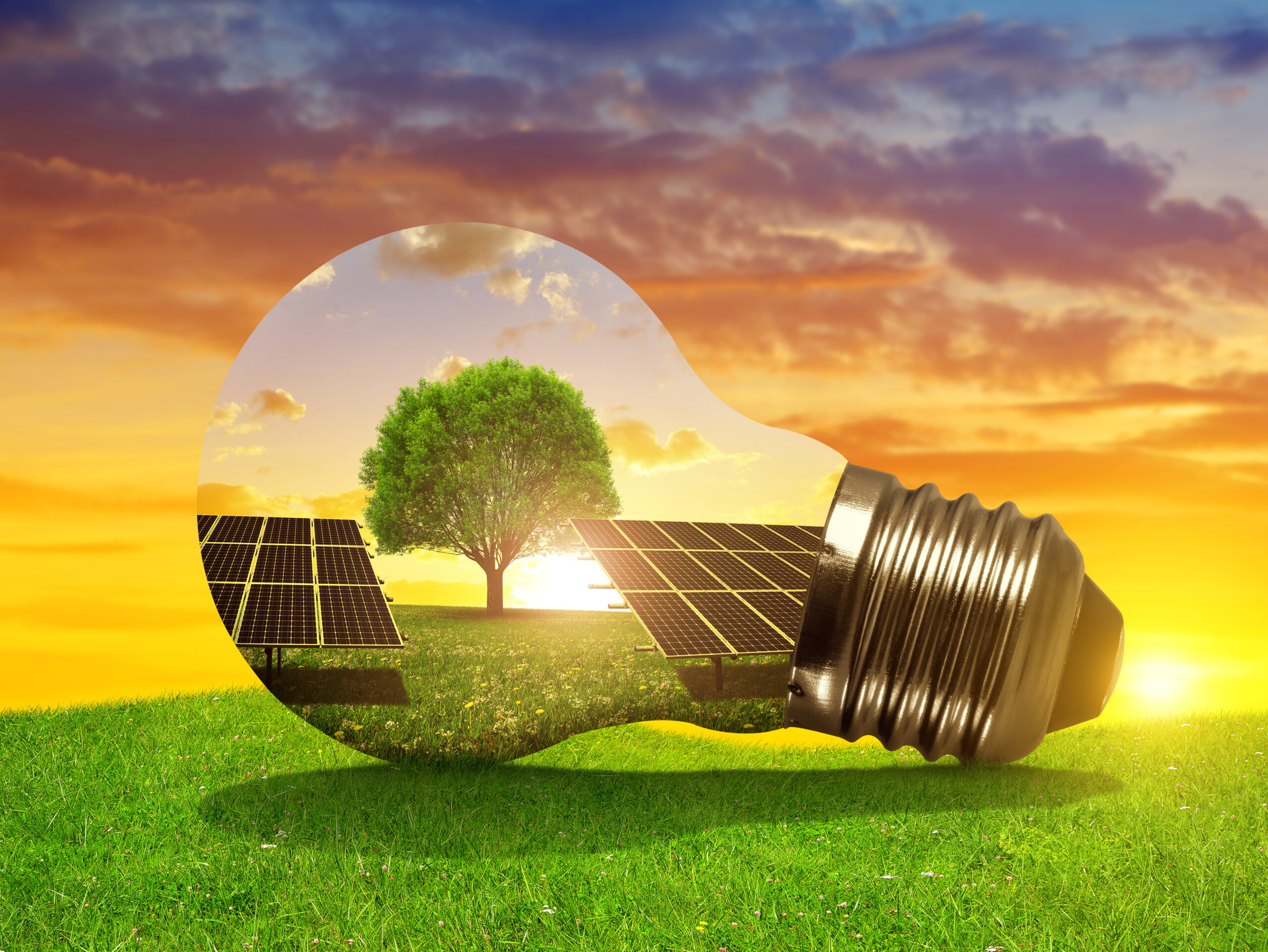 Solarpanels in einer Glühbirne bei Sonnenuntergang